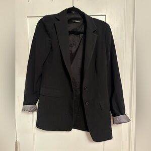 Tahari long black blazer with striped cuffs